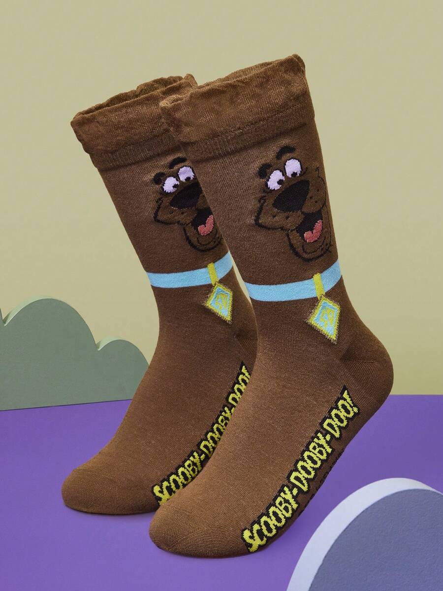 SCOOBY-DOO X SHEIN 1 par de calcetines de tripulación con volantes y estampado de perro de caricatura marrón cómodos para mujer, otoño/invierno - Multicolor - Ver 1