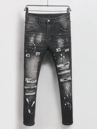 Manfinity Roughcore Men's Fashionable Distressed Versatile Casual Summer Street Denim Jeans