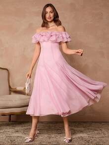 Enchnt Robe mi-longue à épaules dénudées, volants à l'ourlet, couleur unie pour femmes