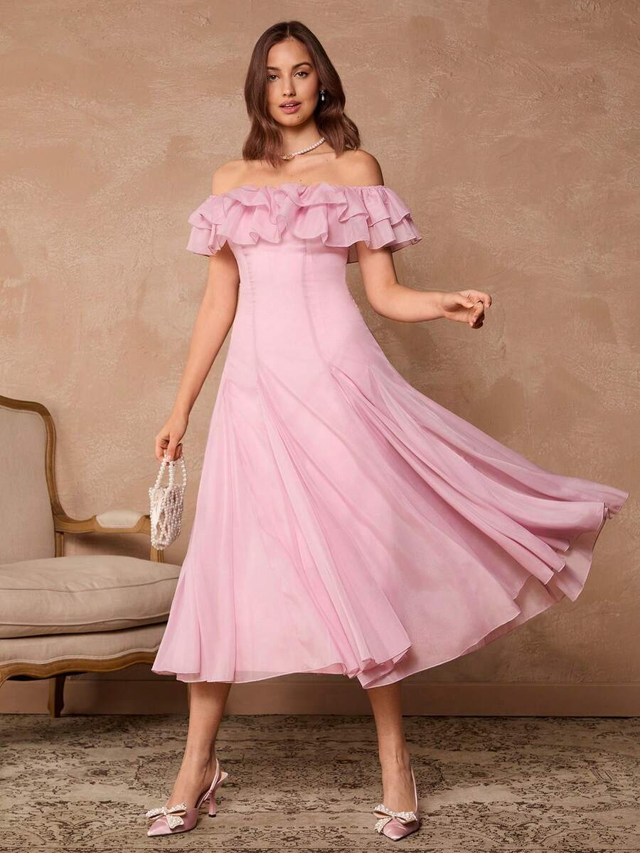 Enchnt Robe mi-longue à épaules dénudées, volants à l'ourlet, couleur unie pour femmes