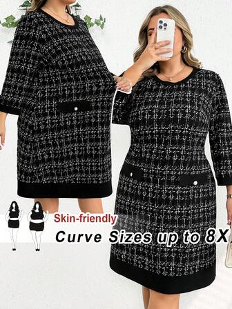 SHEIN CURVE+ 大码女式格子圆领七分袖纽扣设计休闲连衣裙粗花呢连衣裙女式黑色职业连衣裙女式秋季服装女式冬季服装新年连衣裙/2026/新年
