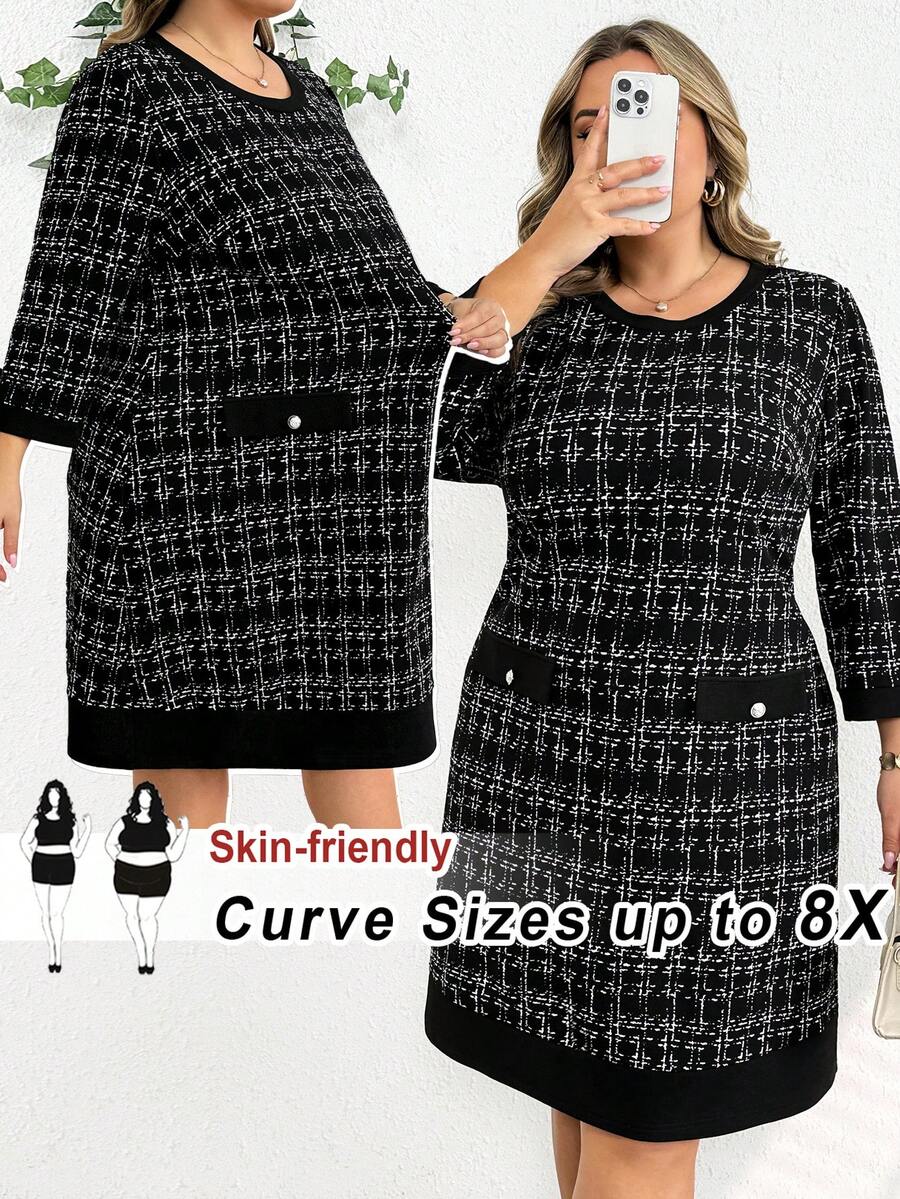SHEIN CURVE+ 大码女式格子圆领七分袖纽扣设计休闲连衣裙粗花呢连衣裙女式黑色职业连衣裙女式秋季服装女式冬季服装新年连衣裙/2026/新年 - 黑色 - 查看 1