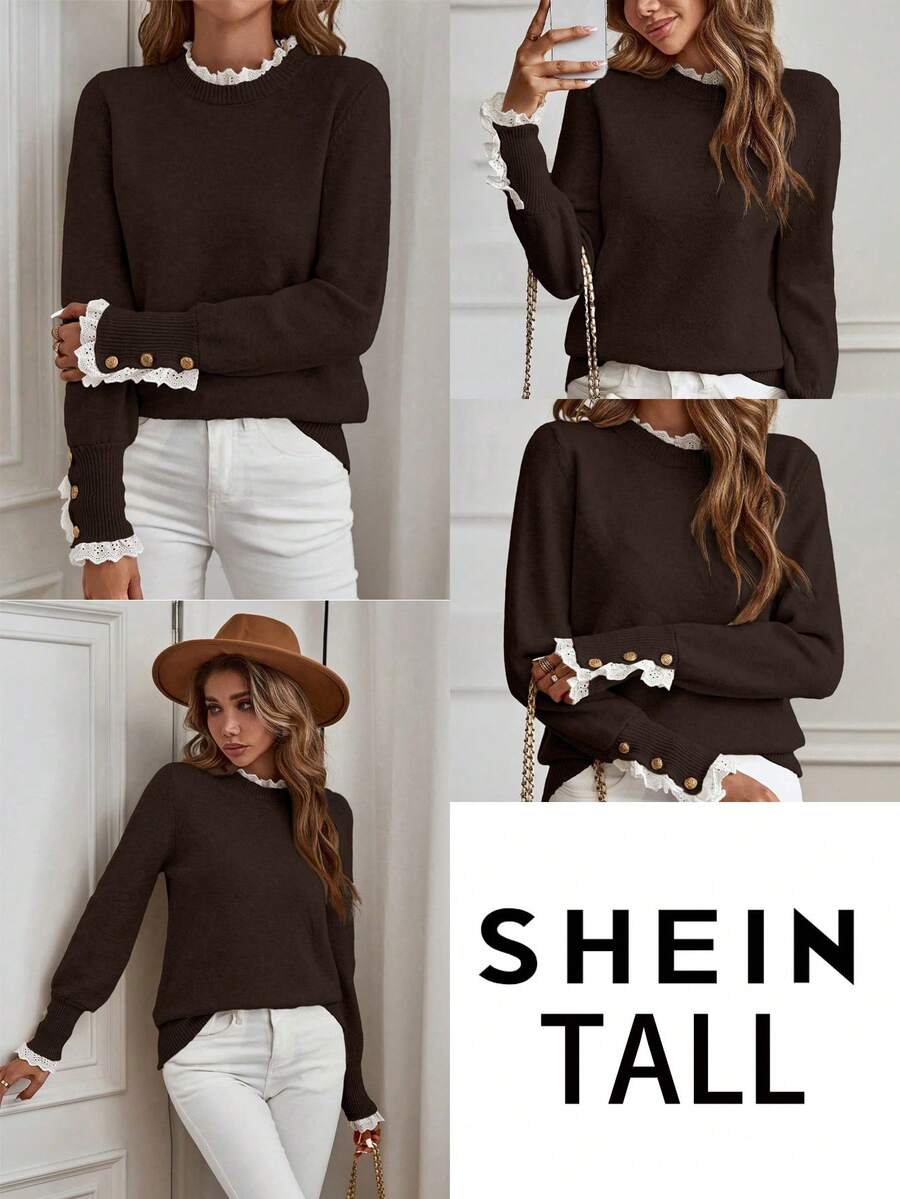 SHEIN Tall Elegante suéter de manga larga con ribete de encaje color albaricoque para mujer alta, adecuado para otoño/invierno - Marrón - Ver 1