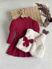 SHEIN 2pcs Baby Girls Dress + Plush Vest Cute Elegant Set, High Collar Long Sleeve Ruched Ribbed Thermal Lined Lantern Sleeve Dress Paired With Warm Plush Vest Jacket, Retro Casual Versatile Korean Style With Bow Design, Suitable For Daily Outings, Birthday, Holiday Party In Autumn/Winter