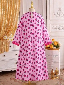 SHEIN Vestido de manga larga con cuello en V y estampado de rosas rosadas en todo el vestido, estilo dulce de vacaciones, para primavera/otoño - Multicolor - Ver 2