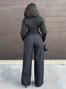 Alexandranx 女士时尚法式复古 V 领主教袖酒红色针织衬衫 - 黑色 - 查看 2