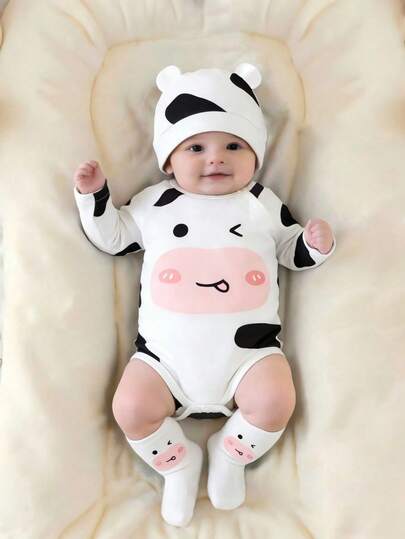 SHEIN 新生儿可爱奶牛主题连体衣套装，奶牛眨眼吐舌设计，搭配波点帽子和袜子，经典黑白配色 + 波点帽子 + 袜子
