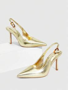 CUCCOO SZL 女士尖头搭扣设计时尚高跟鞋，适合日常穿着 - 金色 - 查看 2