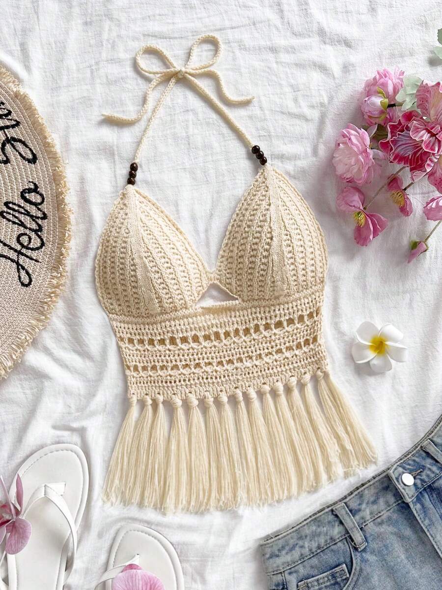 Soleia Women's Beaded Halter Neck Tassel Hem Knit Top, Suitable For Holiday, Date, Afternoon Tea, Beach, Cruise, City Trip, Wedding Season, Music Festival, Boho Vacation Fringe Top, Fringe Bathing Suit Crochet Bathing Suit Crochet Swimsuit Women Fringe Crochet Top Crochet Bathing Suit Top Crochet Bikini Top Fringe Bikini Fringe Bikini Top Fringe Bathing Suit Top - Apricot - View 1