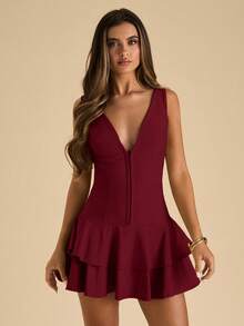 SHEIN BAE Đầm nữ màu trơn cổ chữ V, viền bèo nhún, hở lưng, không tay - Màu Đỏ Sâu - Xem 5