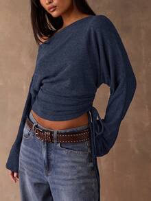 SHEIN BAE 女士休闲纯色斜肩侧抽绳T恤，秋季款 - 藏蓝色 - 查看 7