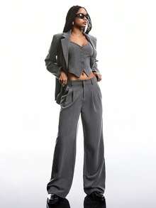 SHEIN EZwear 2pcs/Set Women Plain Front Button Long Sleeve Pocket Revere Collar Top & Pants Casual Suit In Fall/Winter - Grey - View 6