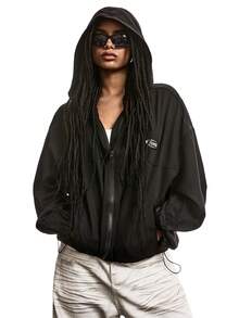 LYSMO 秋冬季字母拼接细节落肩拉链连帽外套 - 黑色 - 查看 6