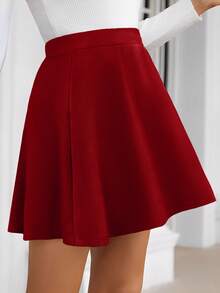 SHEIN Frenchy Women's Casual Everyday Office Commute Solid Color Umbrella Hem Short Skirt, Summer Spring - Red - View 4
