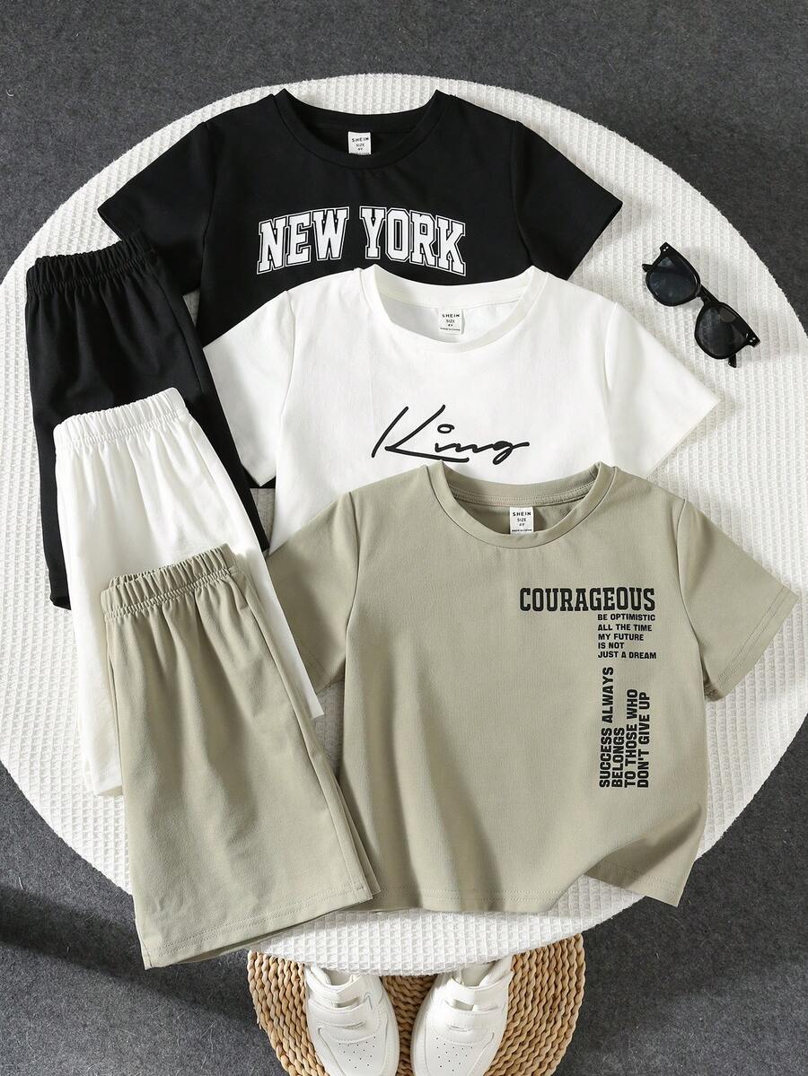 SHEIN 6件套男童休闲字母印花圆领针织T恤和短裤套装，适合上学和外出，春夏款 - 彩色 - 查看 1