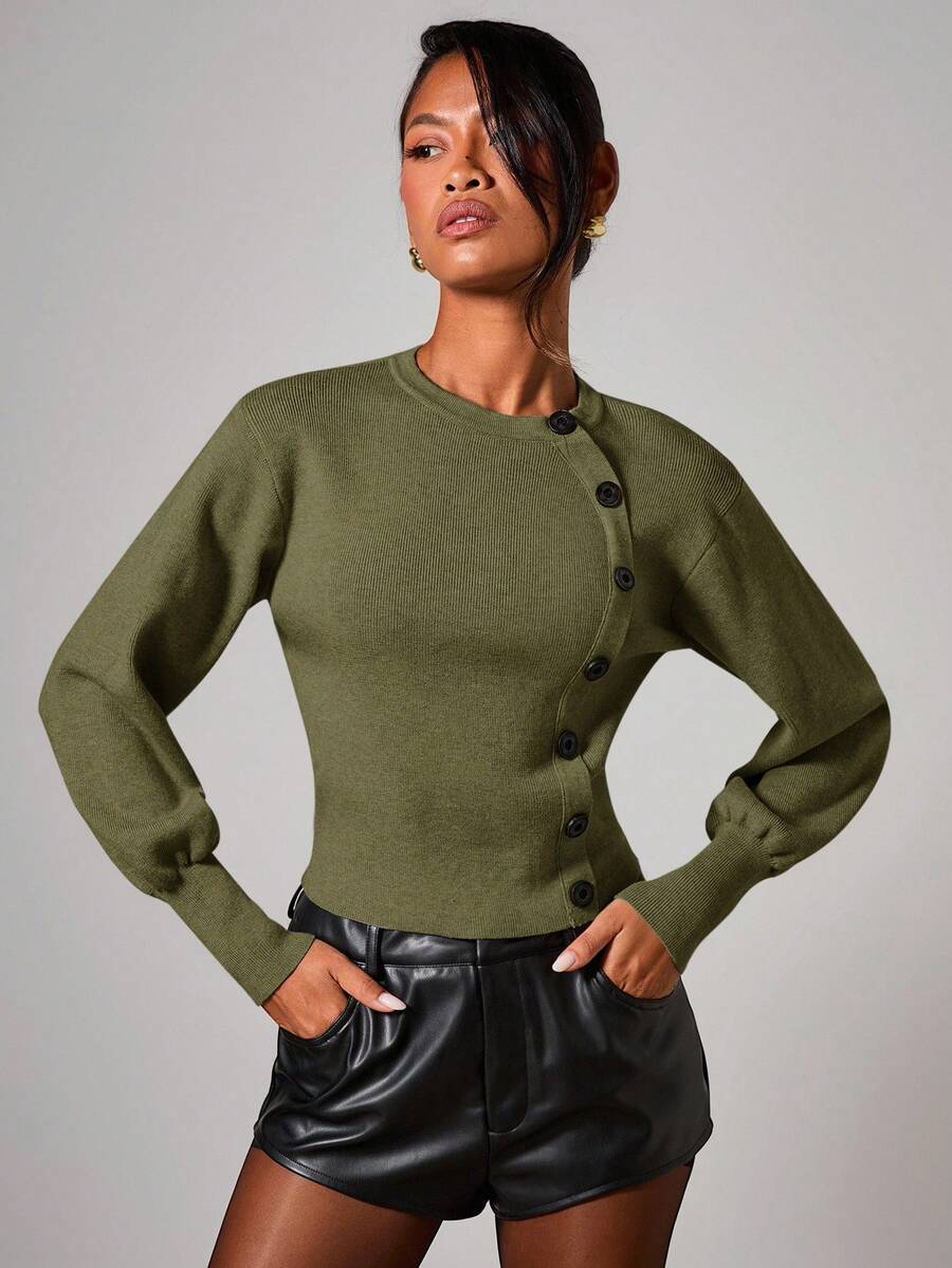 COSMINA Women's Elegant Asymmetric Button-Up Cardigan, Autumn/Winter, Green Sweater, Olive Green Tops, Army Green Top Women, Green Cardigan Women , Cardigan Cropped - Green - View 1