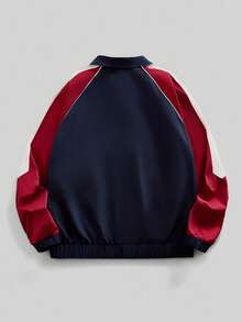 ROMWE MEN Street Life Chaqueta casual con cremallera delantera, mangas raglán y parches de color contrastante para hombres - Azul - Ver 5