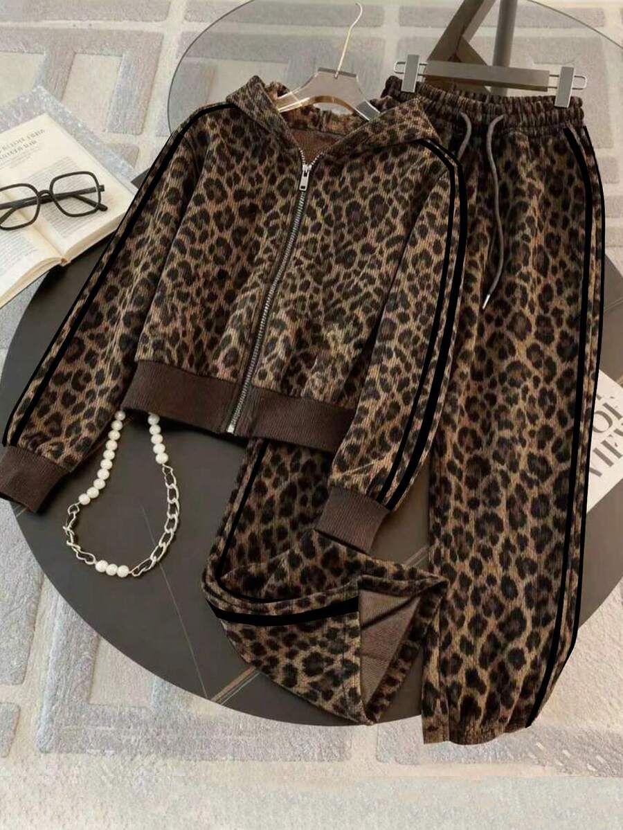 Franclia Women Leopard Print Zip Front Hoodie And Pants Casual Tracksuit Set - Brown - View 1