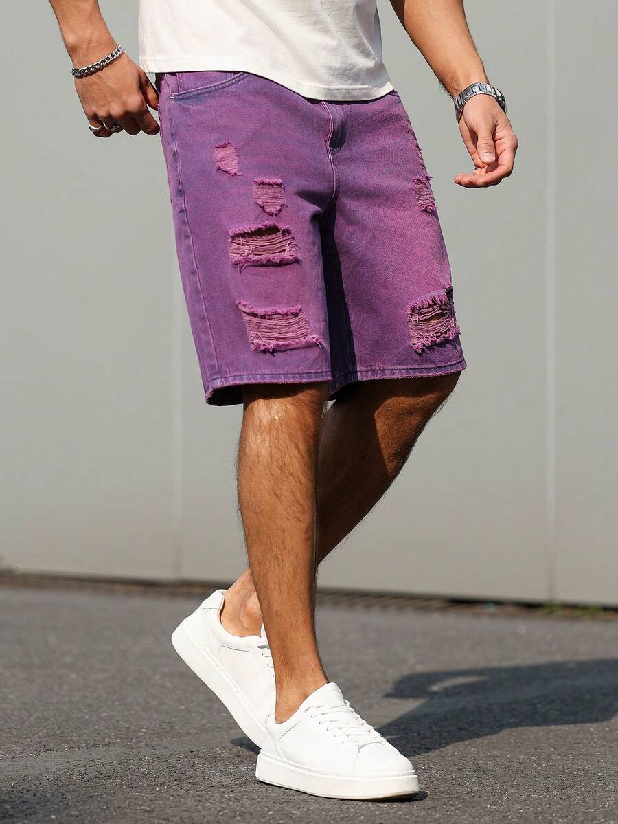 Manfinity Homme Purple Destroyed Denim Shorts For Men Straight Leg Street Casual Retro Short Design - Purple - View 1