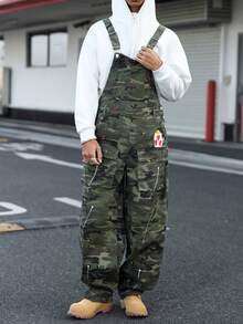 Manfinity EMRG Men's Fashionable Casual Autumn Camouflage Multi-Pocket Denim Bib Pants  Overalls Men Camo Overalls Men - Army Green - View 4