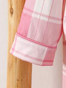 2pcs/Set Young Girl' Sweet Pink Plaid Print Bunny Embroidery Casual Comfortable Revere Collar Cardigan & Pants Homewear Set - Pink - View 5