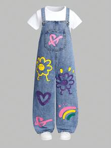 SHEIN Sparklyn Girls' Fashionable Floral, Heart, Rainbow & Graffiti Print Casual Soft Washed Denim Adjustable Strap Loose Fit Jumpsuit, Suitable For Layering With Short/Long Sleeve Tops, Perfect For Daily Wear And Travel, All Seasons Fall Winter
