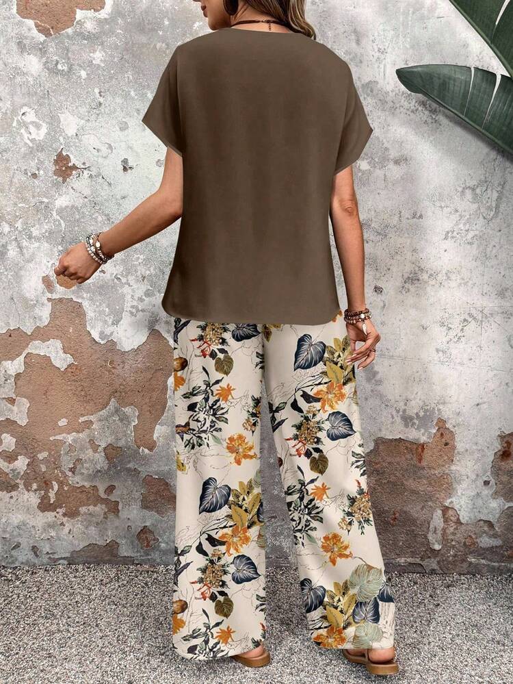 EMERY ROSE Set de 2 piezas Blusa de cuello redondo con estampado floral y pantalones holgados, conjunto versátil adecuado para primavera y otoño, ropa de mujer de estilo boho casual - Marrón - Añade 2