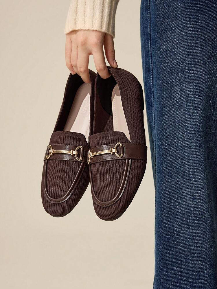 CUCCOO BASICS Women's Flat Round Toe Coffee Color Knitted Metal Buckle Casual Commute Comfortable Versatile Office Lady Loafers For Christmas Spring Shoes