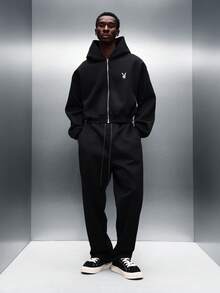 PLAYBOY X SUMWON Oversized Hooded Sweatshirt Matching Joggers Set With Embroidered Text Full Zip Closure Elastic Waistband Drawstring Comfortable Relaxed Fit - Dark Grey - View 2