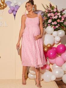 SHEIN 孕妇甜心领短袖荷叶边腰身优雅连衣裙 - 粉色 - 查看 6