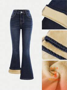 SHEIN Tween Girl Navy Blue Thermal Lined Stretch Denim Flare Pants - Dark Wash - View 8