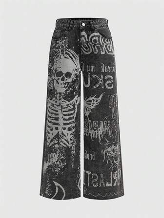 Grunge Punk Jeans de pierna ancha con estampado de esqueleto para mujer, jeans tipo novio para la escuela