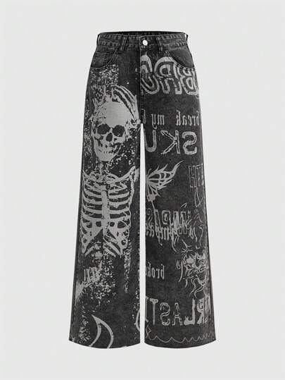 Grunge Punk Jeans évasés à imprimé squelette pour femmes, jeans boyfriend pour l'école
