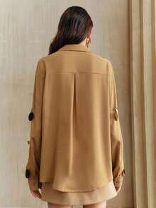 Anewsta Camisa de gasa con bordado de lentejuelas plateadas hecha a mano, primavera - Camel - Ver 3