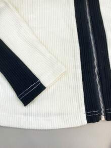 Franclia تي شيرت كاجوال للنساء بياقة ملونة وأكمام طويلة وسحاب أمامي