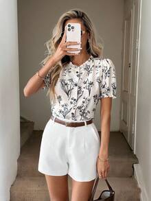 Pariaura Floral Puff Sleeve Button-Up Shirt With Frill Trim - Apricot - View 2