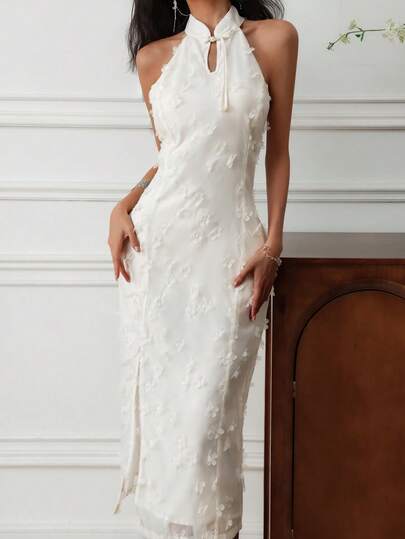 EastFlair 女士优雅中长连衣裙，饰有3D立体花卉装饰和纽扣设计