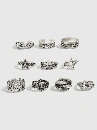 Goth 4 قطع/مجموعة خواتم نجمية حلزونية بطراز بانك، طقم خواتم قابلة للتعديل للأزواج