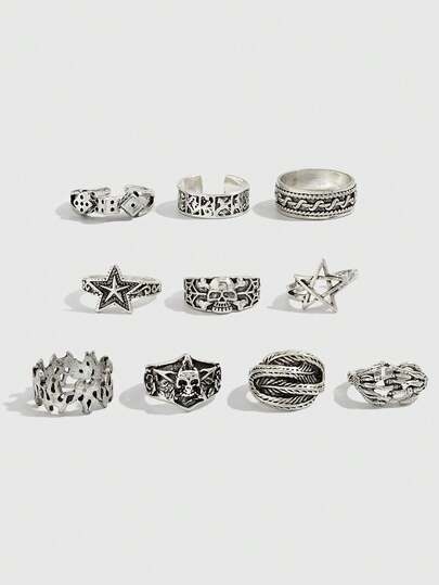 Goth Set di 4 anelli a spirale a forma di stella, stile punk, set di anelli regolabili per coppie