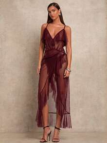 Glamine 女士优雅性感网纱波点吊带荷叶边薄纱连衣裙