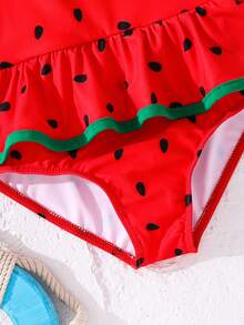 SHEIN Emery Rose Kids Young Girl Summer Holiday Beach Watermelon Print Ruffled Hem One-Piece Swimsuit Young Girl Summer Holiday Beach Watermelon Print Ruffled Hem One-Piece Swimsuit Watermelon Baby Swimsuit Watermelon Outfits For Baby Girl Baby Watermelon Bathing Suit Baby Girl Fruit Swimsuit Baby One Piece Swimsuit With Skirt - Red - View 9