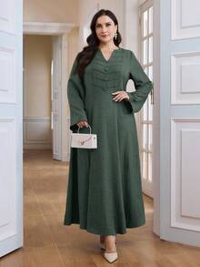 Al Najma Plus Size Women's Solid Color Minimalist Long Sleeve Abaya Dress, Everyday Wear - Green - View 4