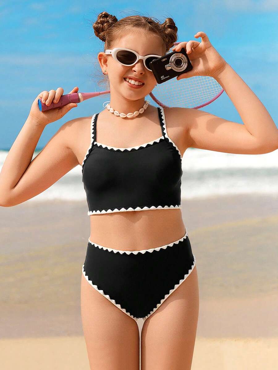 SHEIN 2pcs/Set Tween Girls Simple Black & White Bikini Sets - Black - View 1