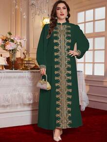 Al Najma 大码女式翻领贴花优雅长袖土耳其阿拉伯传统长裙 - 墨綠色 - 查看 4