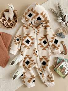 SHEIN Baby Girl Winter Beige Patchwork Hooded Jumpsuit 1 Piece, Zipper Closure, Geometric Pattern, Loose Fit, Suitable For Outings Leisure Wear - White - View 1
