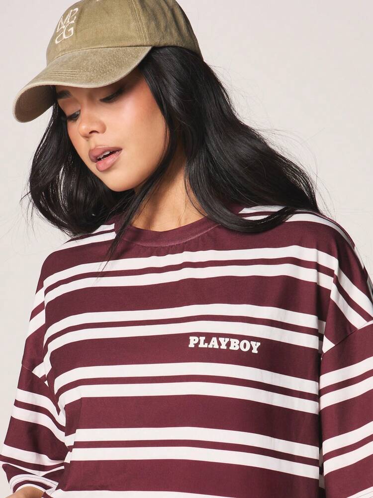 Missguided x Playboy Logo Horizontal Striped Oversized Crew Neck Short Sleeve T-Shirt Casual Relaxed Fit Top