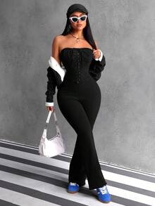 SHEIN ICON 女士休闲时尚前系带修身牛仔连体裤 - 黑色 - 查看 6