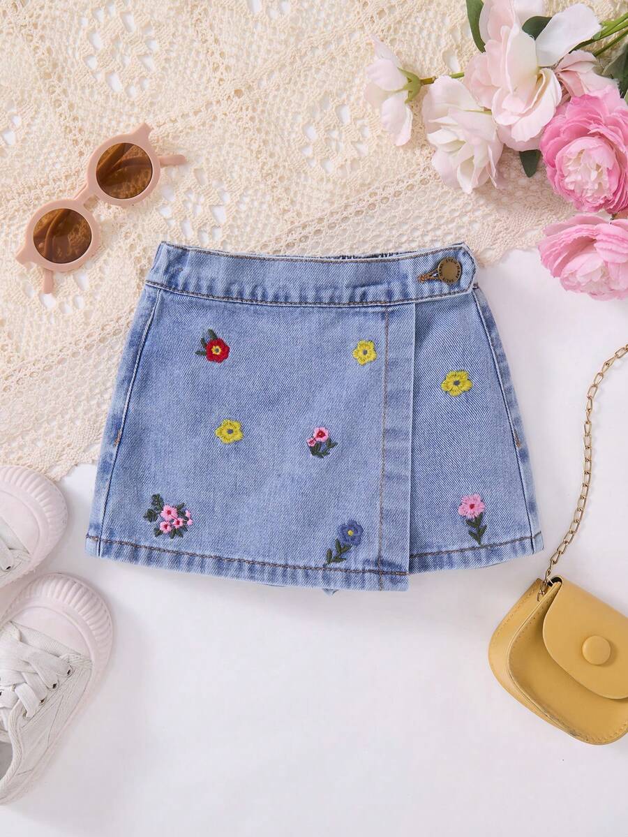 Cozy Pixies Baby Girl Cute Floral Embroidered Blue Denim Skirt Shorts,Spring, Summer,Casual And Fashionable Vacation,Street Wear,2000s Style, Comfortable And Soft Denim,Baby Girl Skort - Light Wash - View 1