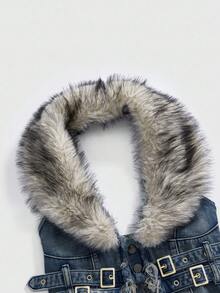 ROMWE Hippie Y2K Removable Faux Fur Collar Denim Jacket For Women - Navy Blue - View 3