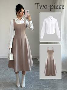 SHEIN Elenzya 2pcs/Set Women Square Neck Sleeveless Dress With Waist Cinching Shirt - Coffee Brown - View 1